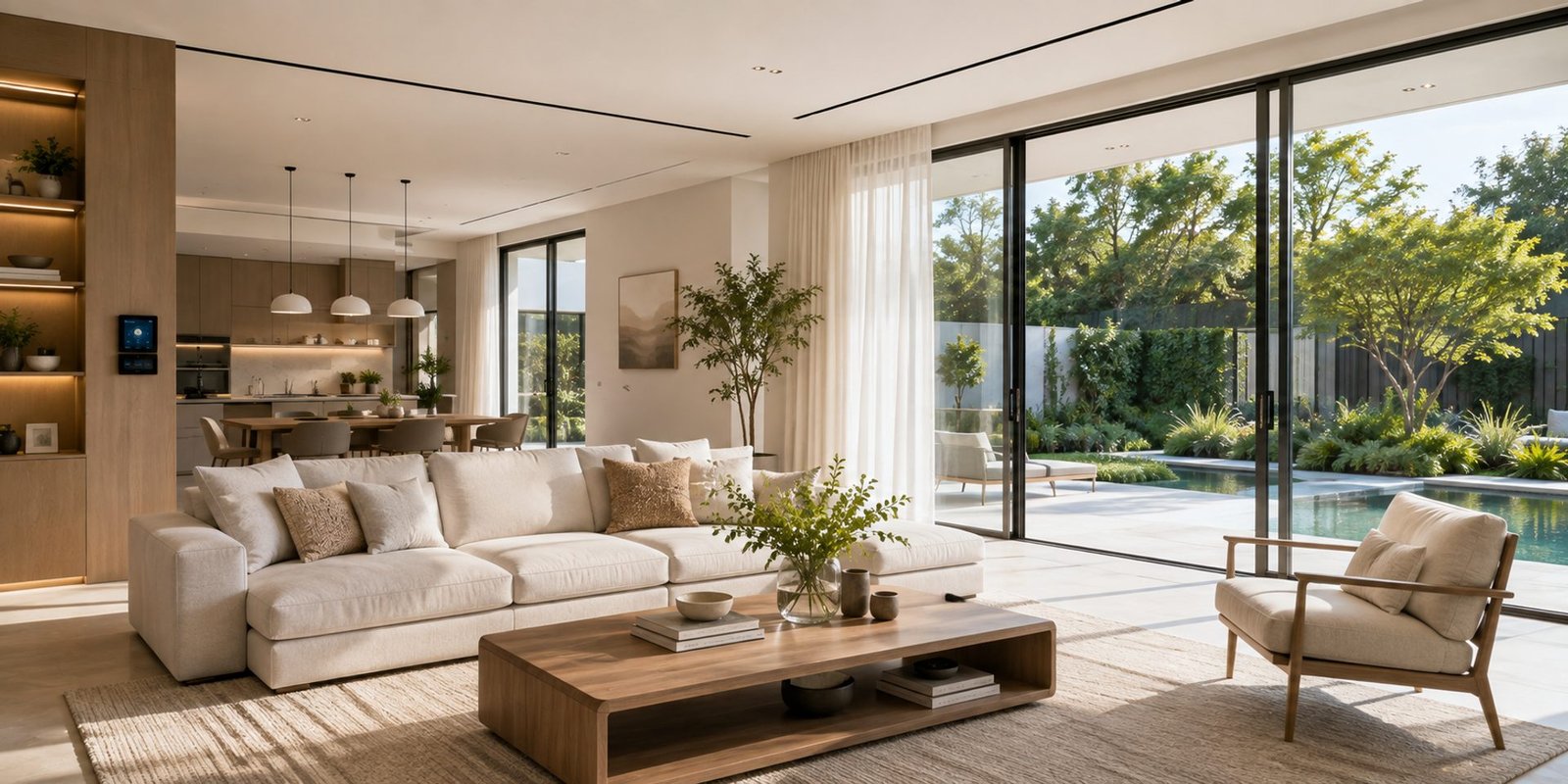 Modern smart home living room with integrated lighting and home automation control panel